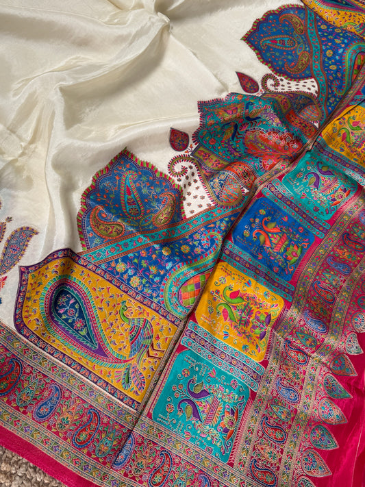 Kashmiri Pashmina Kani Silk Saree – Off White and Pink
