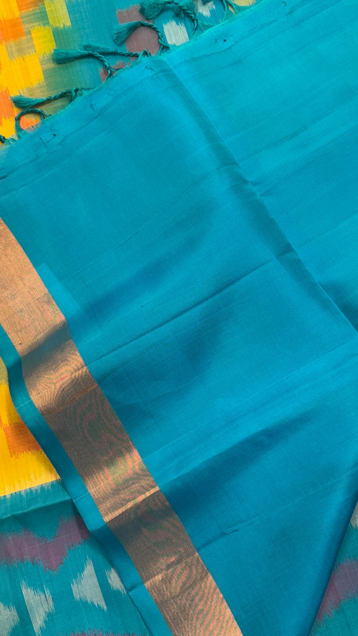 Pure Ikkat Soft Silk saree - Yellow & Turquoise Blue|Silk Mark Certified