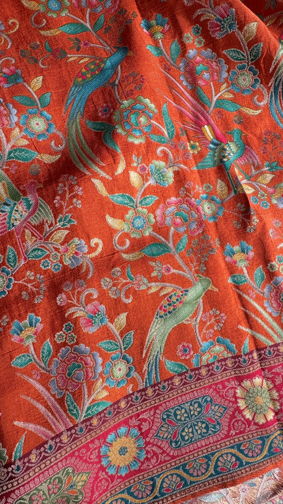 Kashmiri Pashmina Kani Silk Saree – Orange with Red Brocade Contrast Blouse