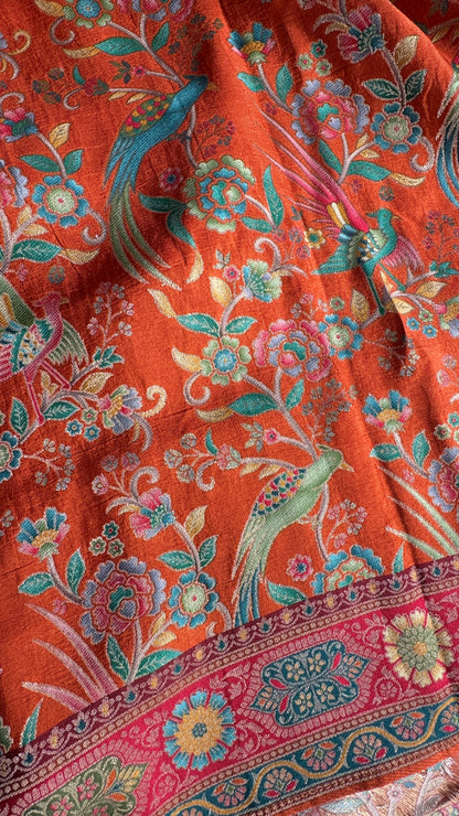 Kashmiri Pashmina Kani Silk Saree – Orange with Red Brocade Contrast Blouse