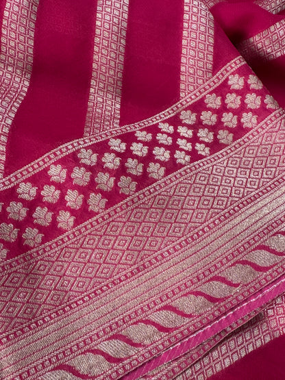 Pure Georgette Leheriya Saree – Dark Crossandra Pink with Gold Zari Weaving