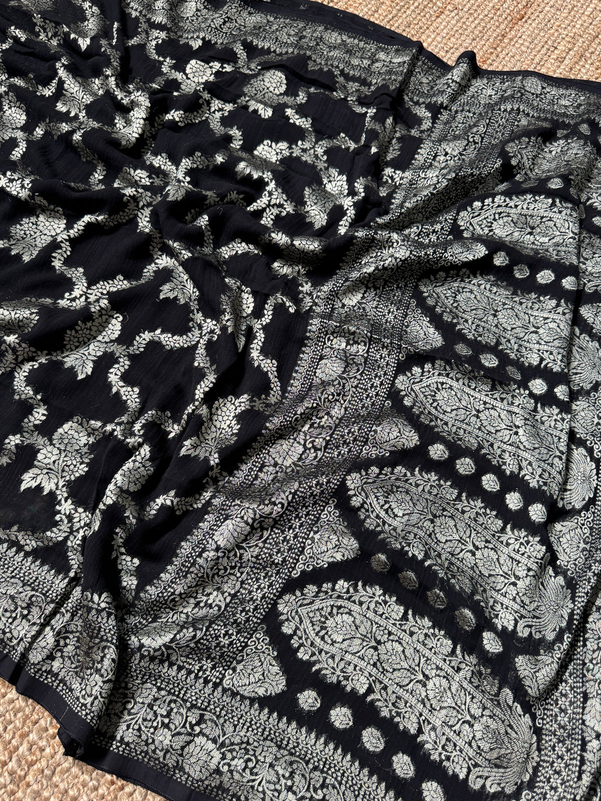 Super Soft Tussar Georgette Saree with Silver Jaal Weaving – Black