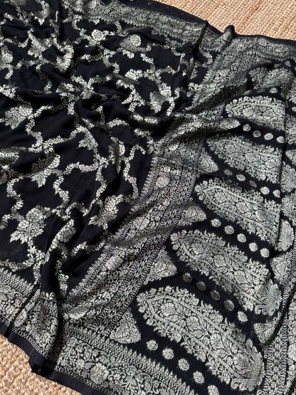 Super Soft Tussar Georgette Saree with Silver Jaal Weaving – Black