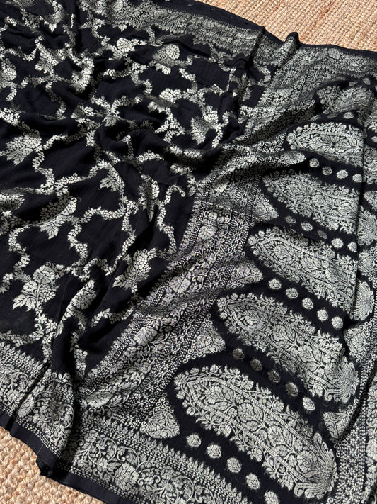 Super Soft Tussar Georgette Saree with Silver Jaal Weaving – Black
