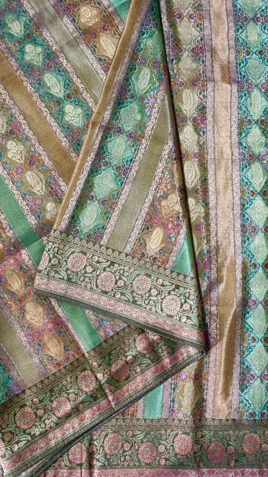 Pure Mellow Tissue Banarasi Silk Saree with Floral Patterns-Gold