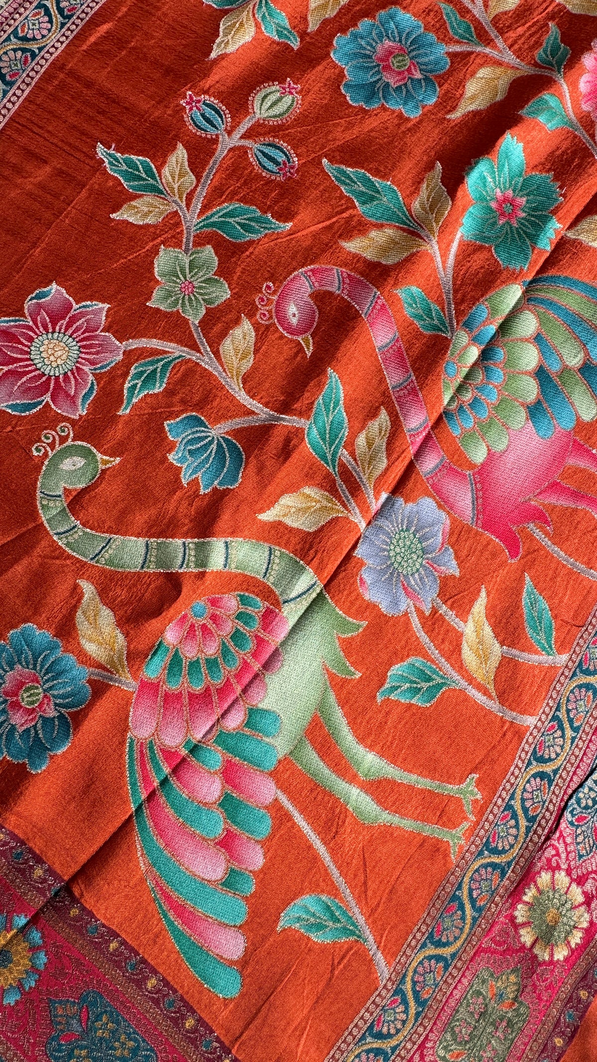 Kashmiri Pashmina Kani Silk Saree – Orange with Red Brocade Contrast Blouse