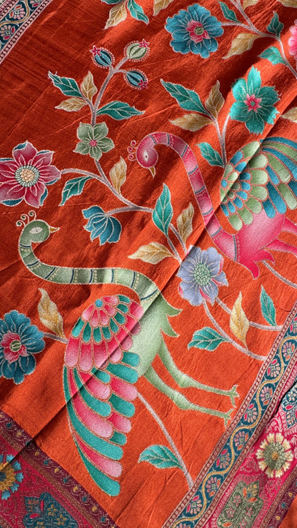 Kashmiri Pashmina Kani Silk Saree – Orange with Red Brocade Contrast Blouse