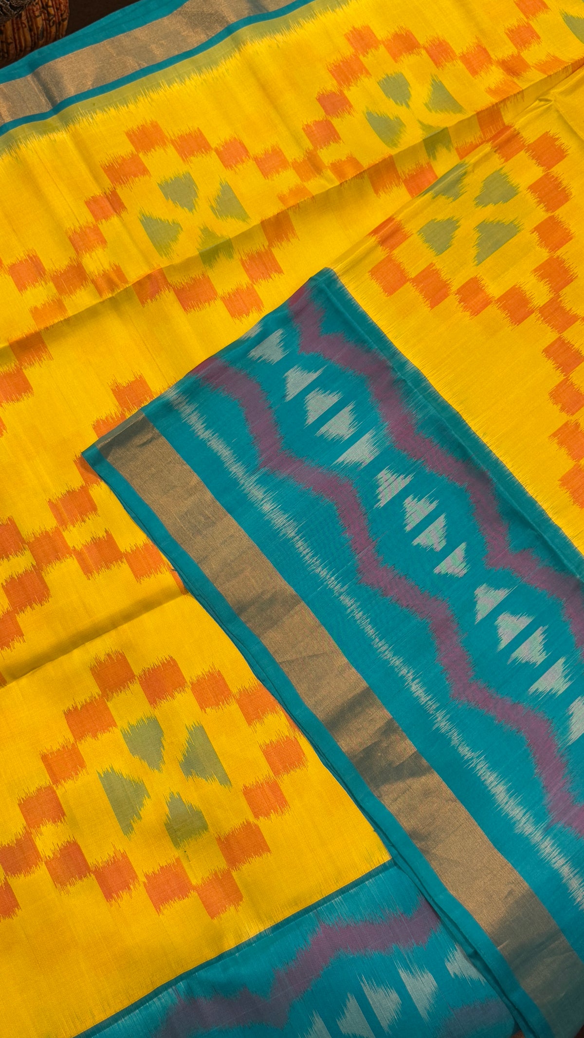 Pure Ikkat Soft Silk saree - Yellow & Turquoise Blue|Silk Mark Certified