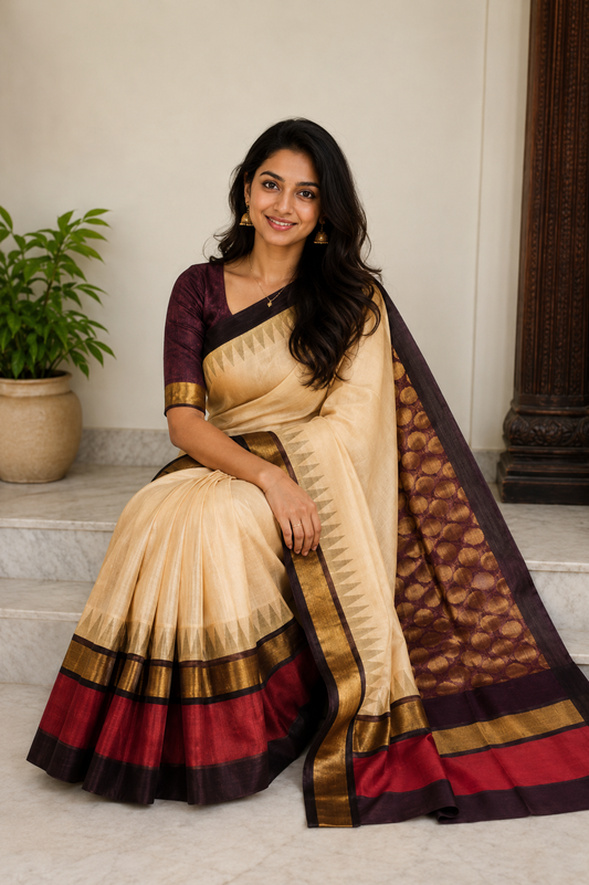 Pure Kuppadam Korvai Pattu Saree-Soft Beige & Coffee