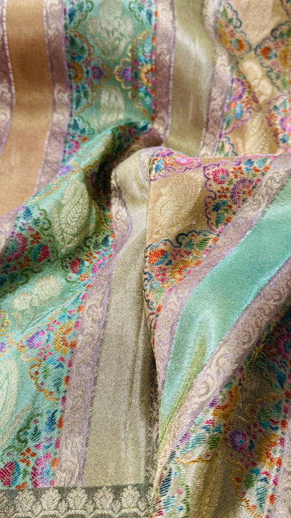 Pure Mellow Tissue Banarasi Silk Saree with Floral Patterns-Gold