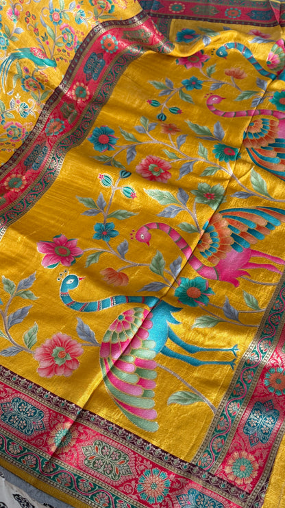 Kashmiri Pashmina Kani Silk Saree – Yellow with Red Brocade Contrast Blouse