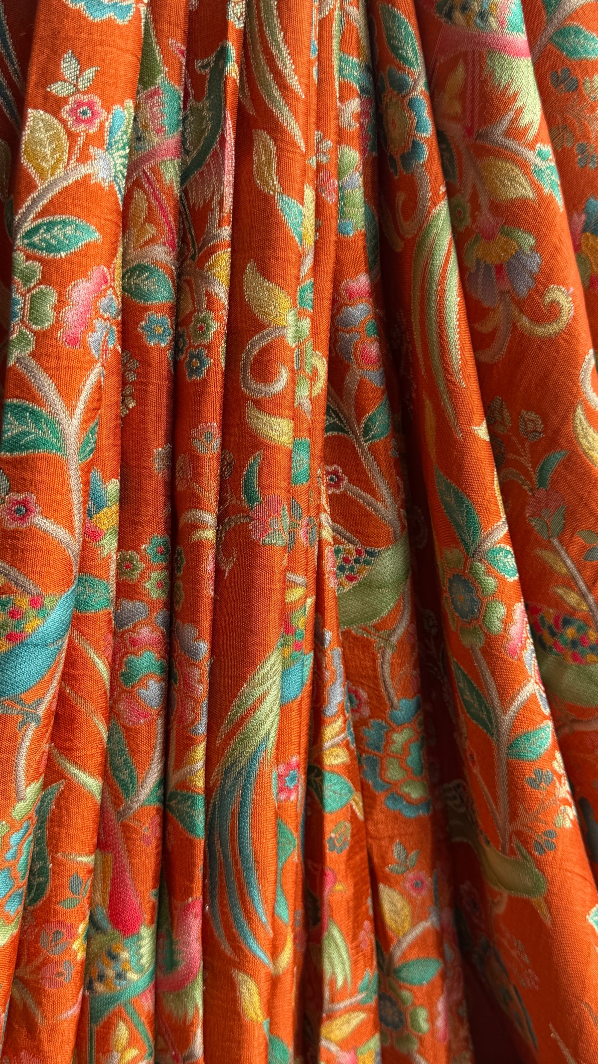 Kashmiri Pashmina Kani Silk Saree – Orange with Red Brocade Contrast Blouse
