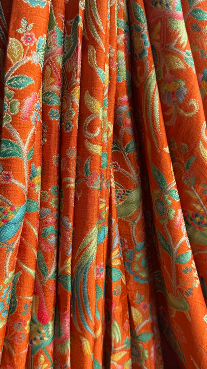 Kashmiri Pashmina Kani Silk Saree – Orange with Red Brocade Contrast Blouse
