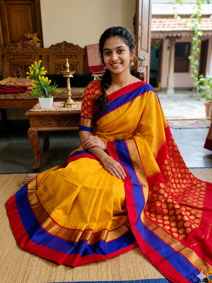 Pure Kuppadam Korvai Pattu Saree-Yellow & Red