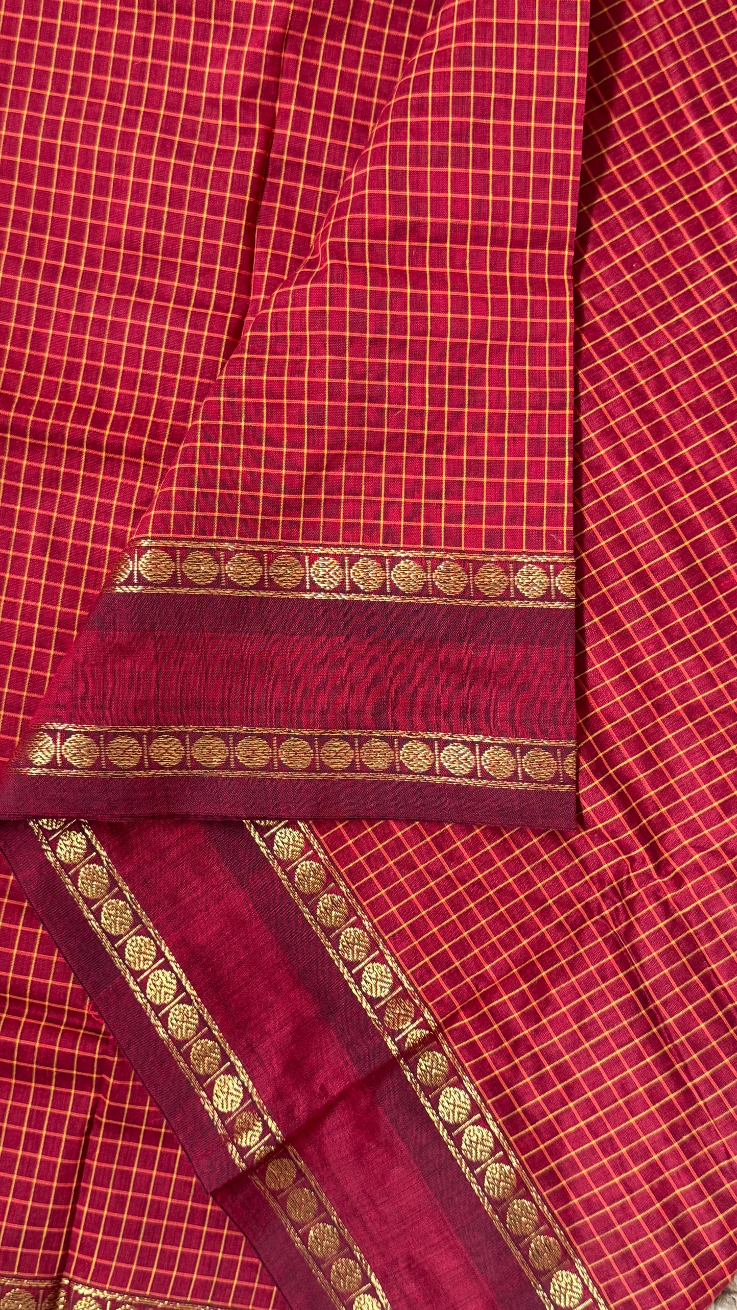 Pure Hand-Woven Checkered Cotton Silk Saree with Gap Border-Red