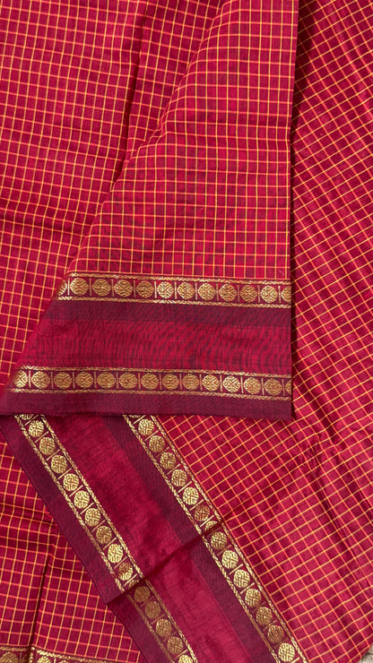 Pure Hand-Woven Checkered Cotton Silk Saree with Gap Border-Red