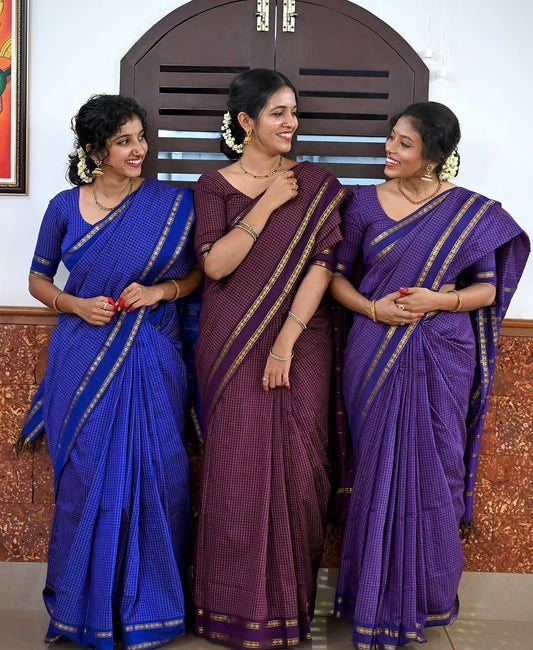 Pure Hand-Woven Checkered Cotton Silk Saree - Royal Blue