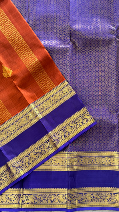 Vintage Wash Pure Kanchipuram Silk Saree – Rust with Royal Blue Contrast | Silk Mark Certified