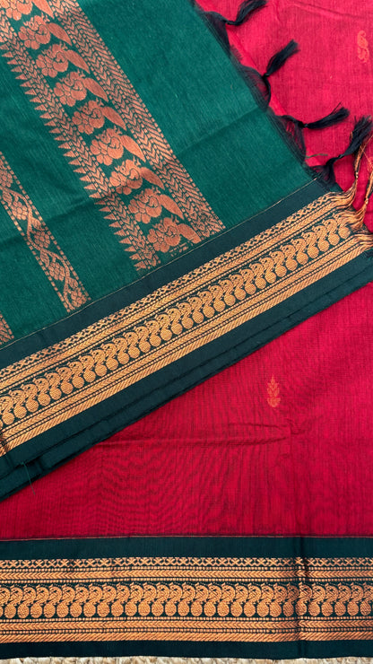 Kalyani Silk Cotton Saree - Red & Green