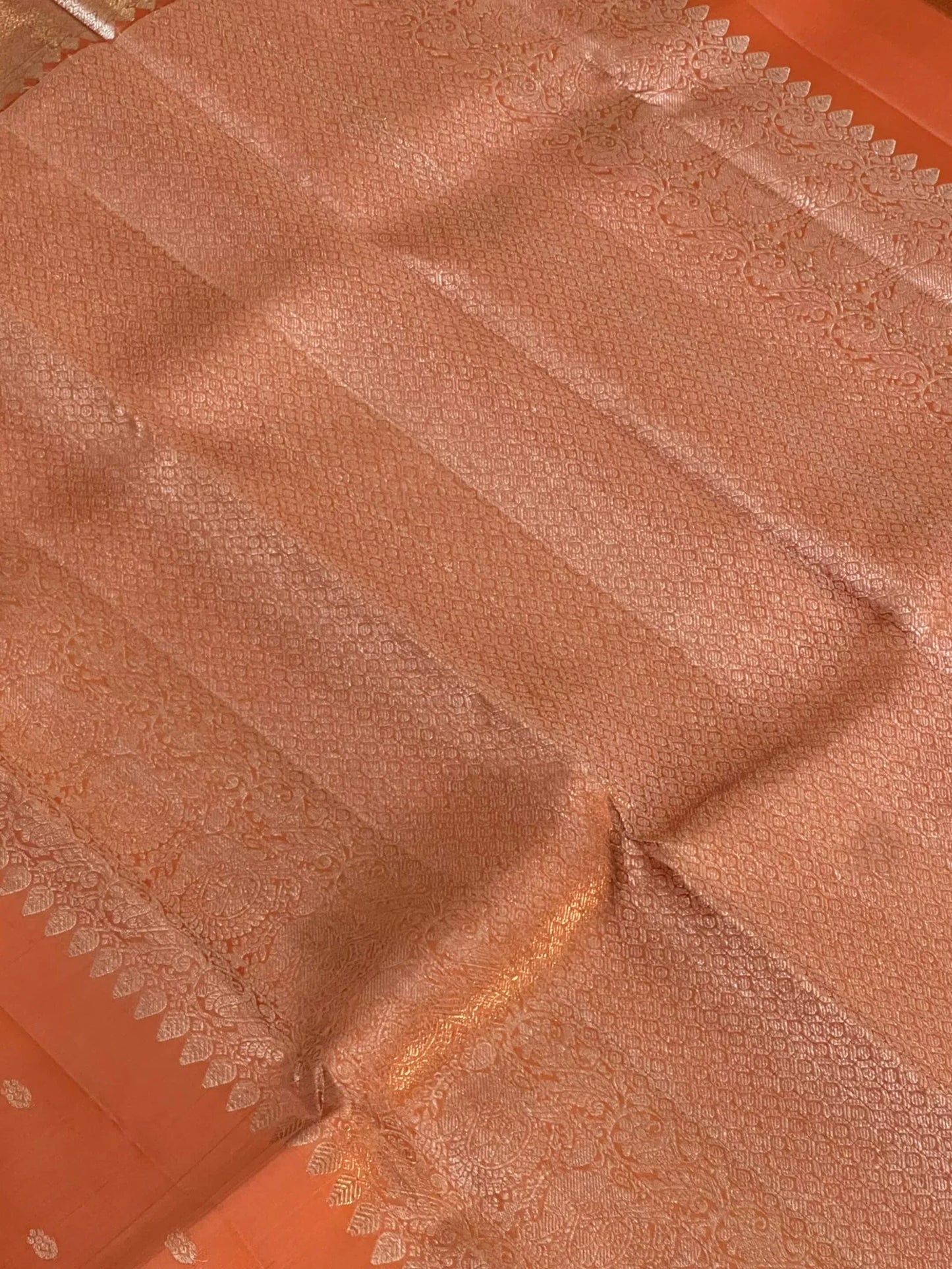 Dark Peach Pure Kanchipuram Silk Saree with Silver Zari Motifs Silk Mark Certified