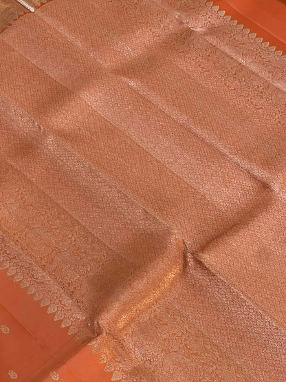 Dark Peach Pure Kanchipuram Silk Saree with Silver Zari Motifs Silk Mark Certified