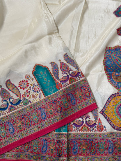 Kashmiri Pashmina Kani Silk Saree – Off White and Pink
