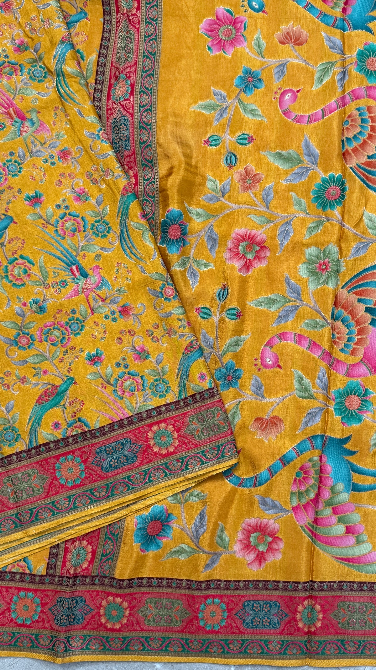 Kashmiri Pashmina Kani Silk Saree – Yellow with Red Brocade Contrast Blouse