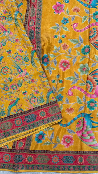Kashmiri Pashmina Kani Silk Saree – Yellow with Red Brocade Contrast Blouse