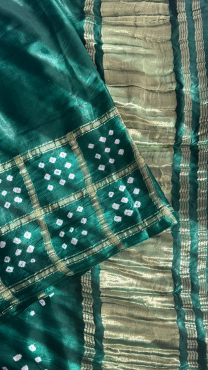 Tie & Dye Handknotted Gharchola Bandhej Pure Gajji Silk Saree - Bottle Green
