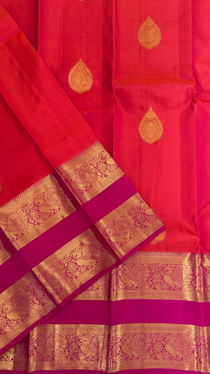 Vintage Wash Pure Kanchipuram Silk Saree – Orange with Magenta Pink | Silk Mark Certified