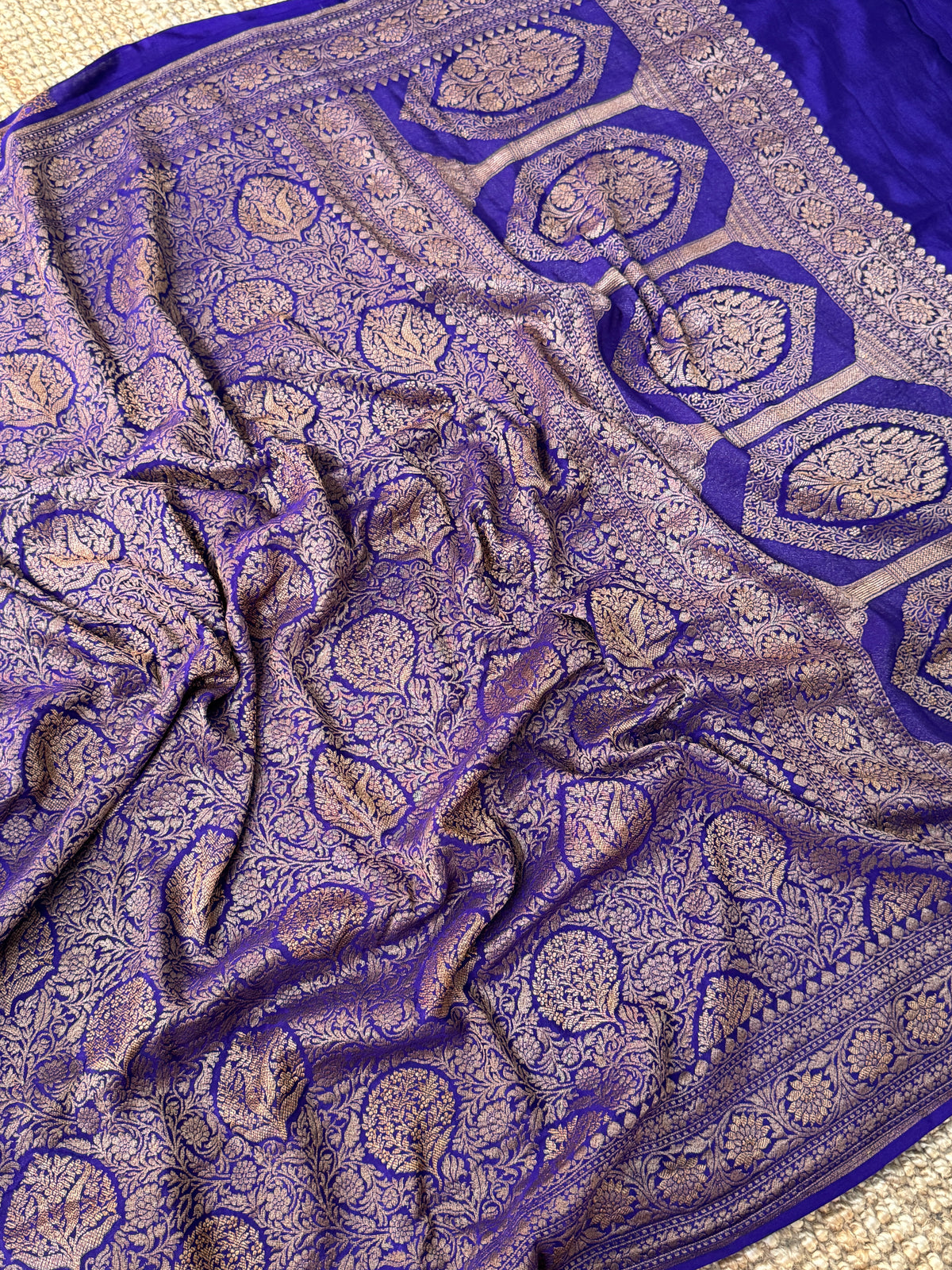 Royal Purple Pure Khaddi Georgette Banarasi Silk Saree with All-Over Gold Zari Jaal |Silk Mark Certified