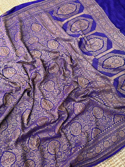 Royal Purple Pure Khaddi Georgette Banarasi Silk Saree with All-Over Gold Zari Jaal |Silk Mark Certified