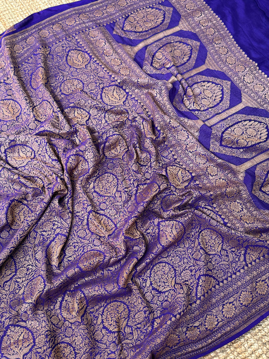 Royal Purple Pure Khaddi Georgette Banarasi Silk Saree with All-Over Gold Zari Jaal |Silk Mark Certified