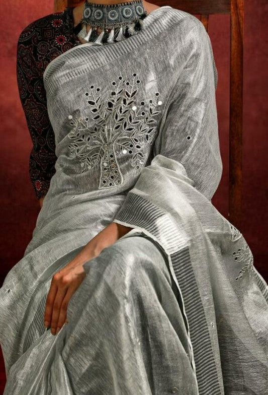 Hand Embroidered Pure Tissue Linen Silk Saree - Silver Grey