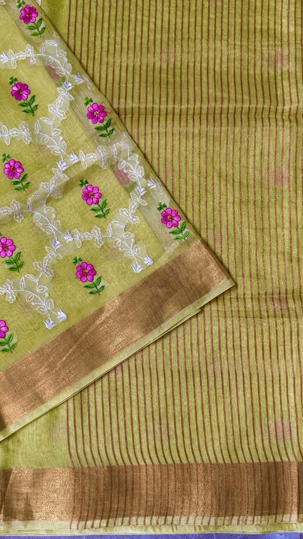 Pure Silk Linen Embroidered Saree – Lemon Yellow with Floral Embroidery