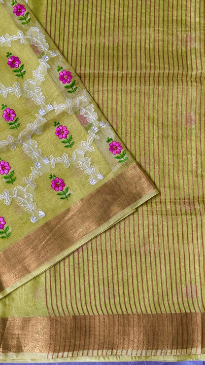 Pure Silk Linen Embroidered Saree – Lemon Yellow with Floral Embroidery