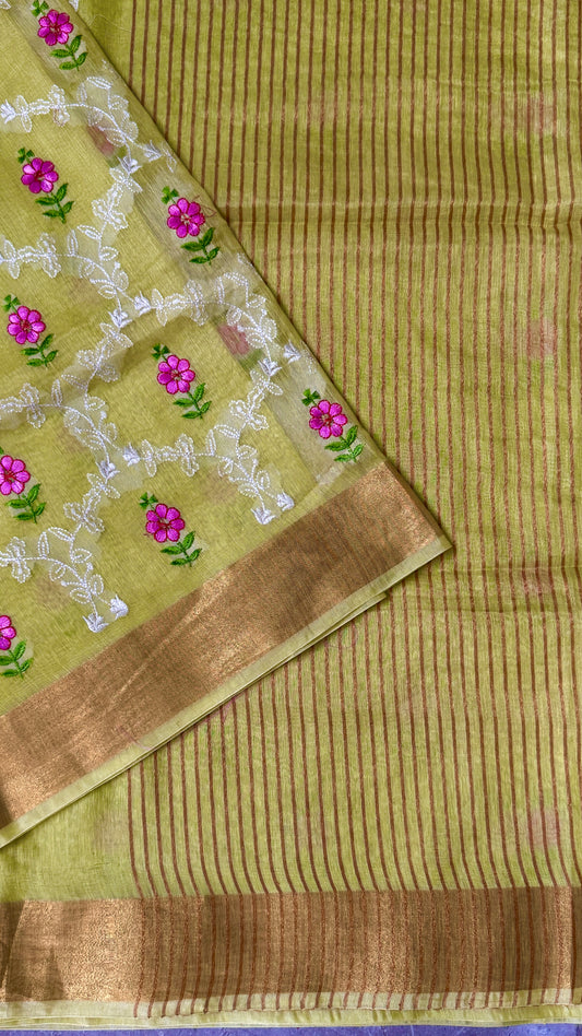 Pure Silk Linen Embroidered Saree – Lemon Yellow with Floral Embroidery