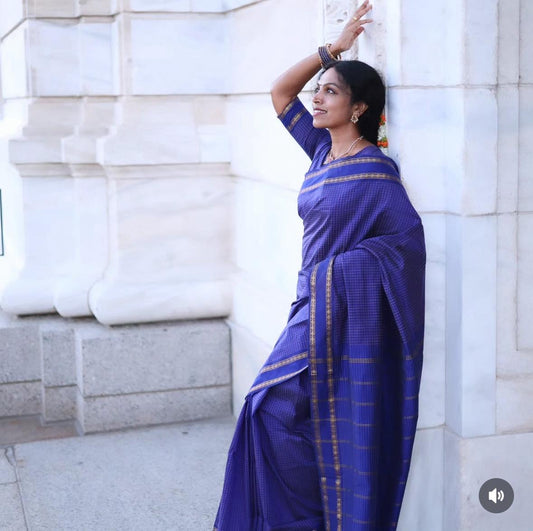Pure Hand-Woven Checkered Cotton Silk Saree - Royal Blue