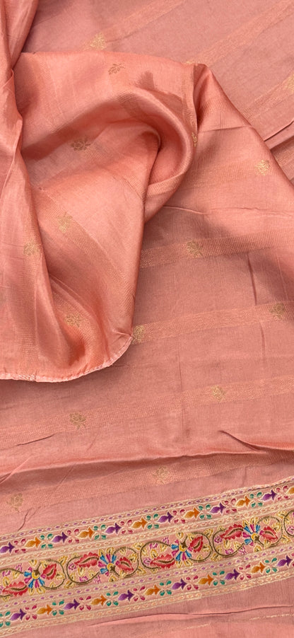 Kashmiri Pashmina Kani Silk Saree – Pastel Lavender with Peach Contrast Blouse