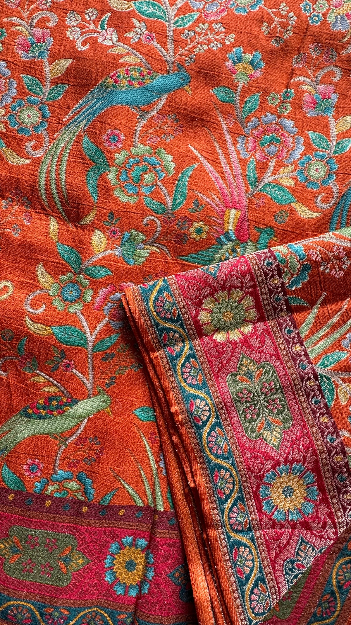 Kashmiri Pashmina Kani Silk Saree – Orange with Red Brocade Contrast Blouse