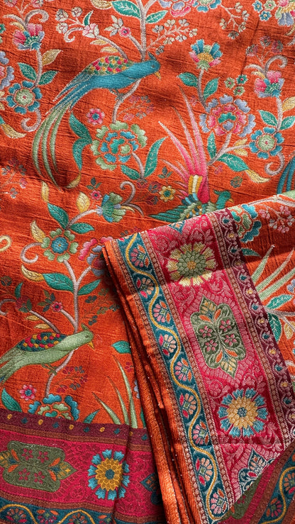 Kashmiri Pashmina Kani Silk Saree – Orange with Red Brocade Contrast Blouse