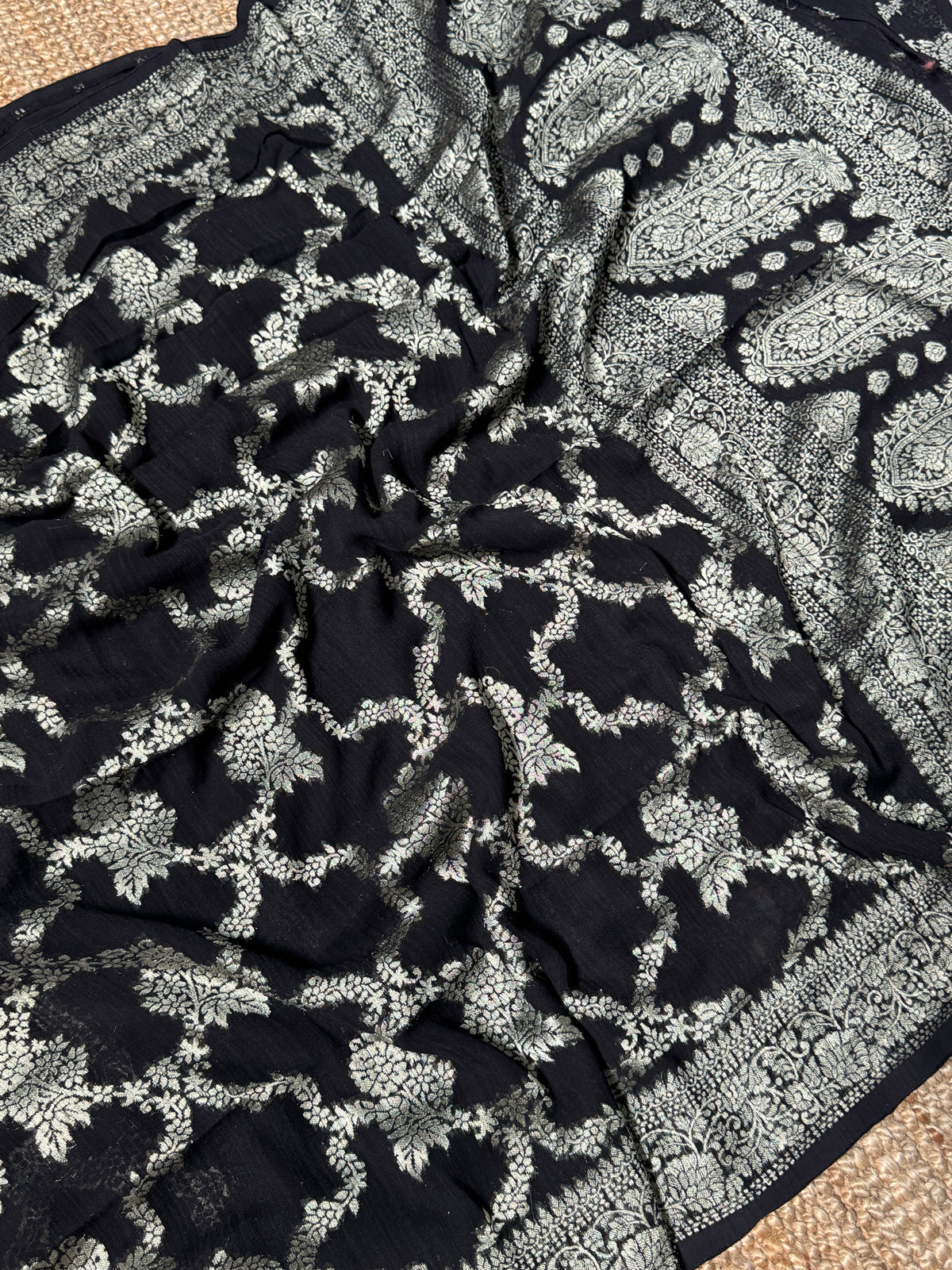 Super Soft Tussar Georgette Saree with Silver Jaal Weaving – Black