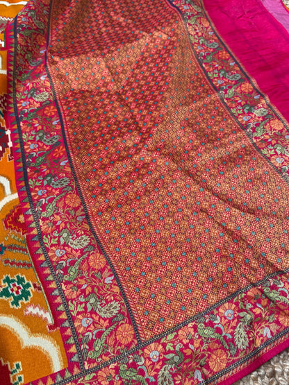 A Kashmiri Pashmina Banarasi Handwoven Sarees with Patola prints - Mustard
