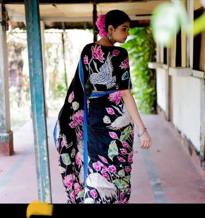Pure Mulberry Silk Saree in Black with Crane & Lotus Batik Print | Silk Mark Certified