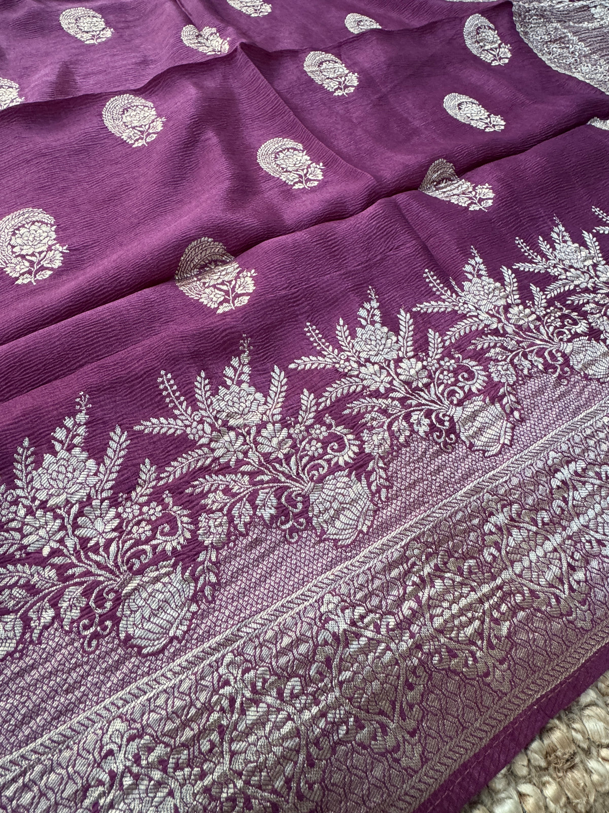 Crushed Munga Silk Banarasi Saree – Wine with Self-Turning Border