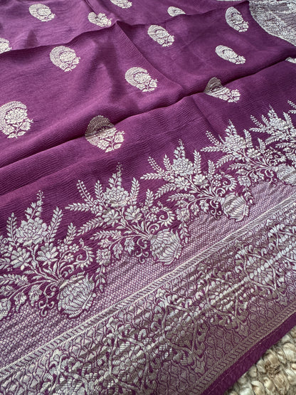 Crushed Munga Silk Banarasi Saree – Wine with Self-Turning Border