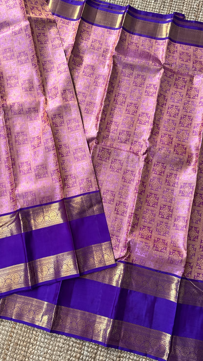 Vintage Wash Pure Kanchipuram Silk Saree – Pink with Royal Purple Contrast | Silk Mark Certified