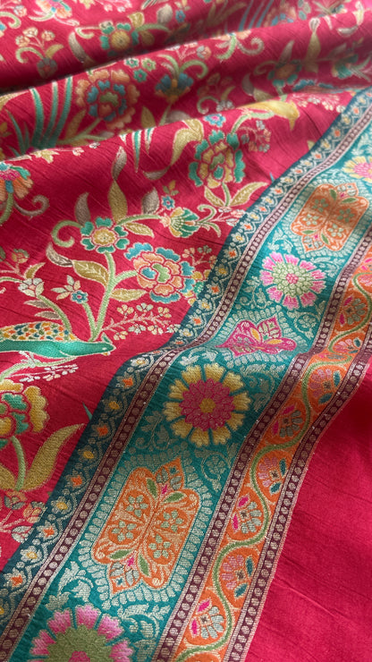 Kashmiri Pashmina Kani Silk Saree – Red with Teal Contrast Blouse