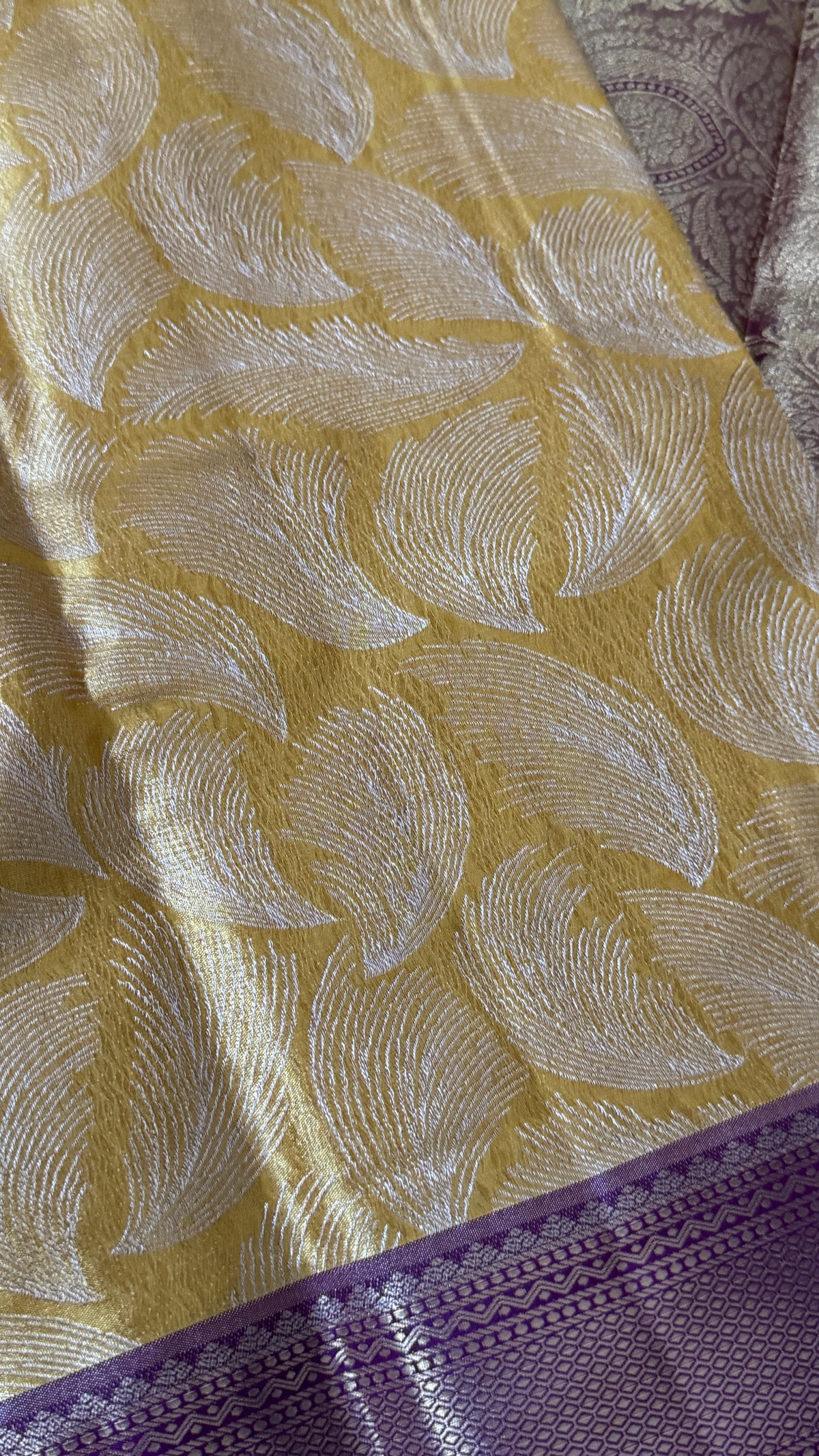 Semi Silk Mini Kanchivaram Tissue Saree – Light Golden Yellow & Magenta