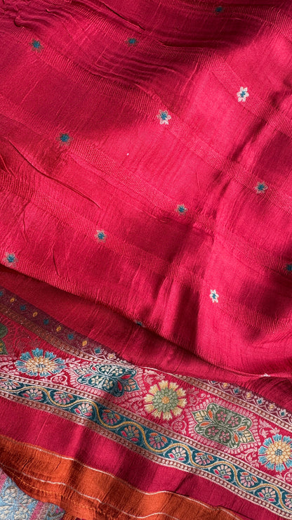 Kashmiri Pashmina Kani Silk Saree – Orange with Red Brocade Contrast Blouse